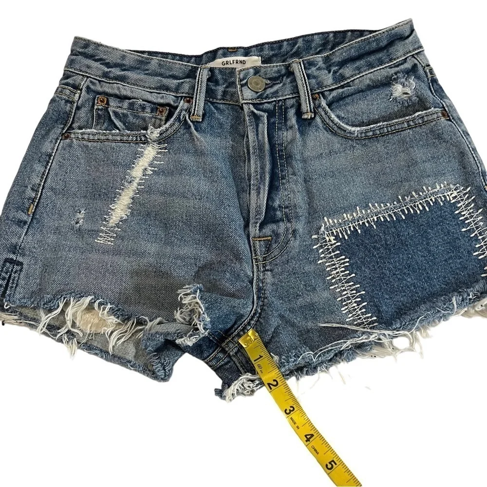 GRLFRND Cindy Fray Side Slit Button Fly Jean Shorts Patchwork High Rise Thrashed